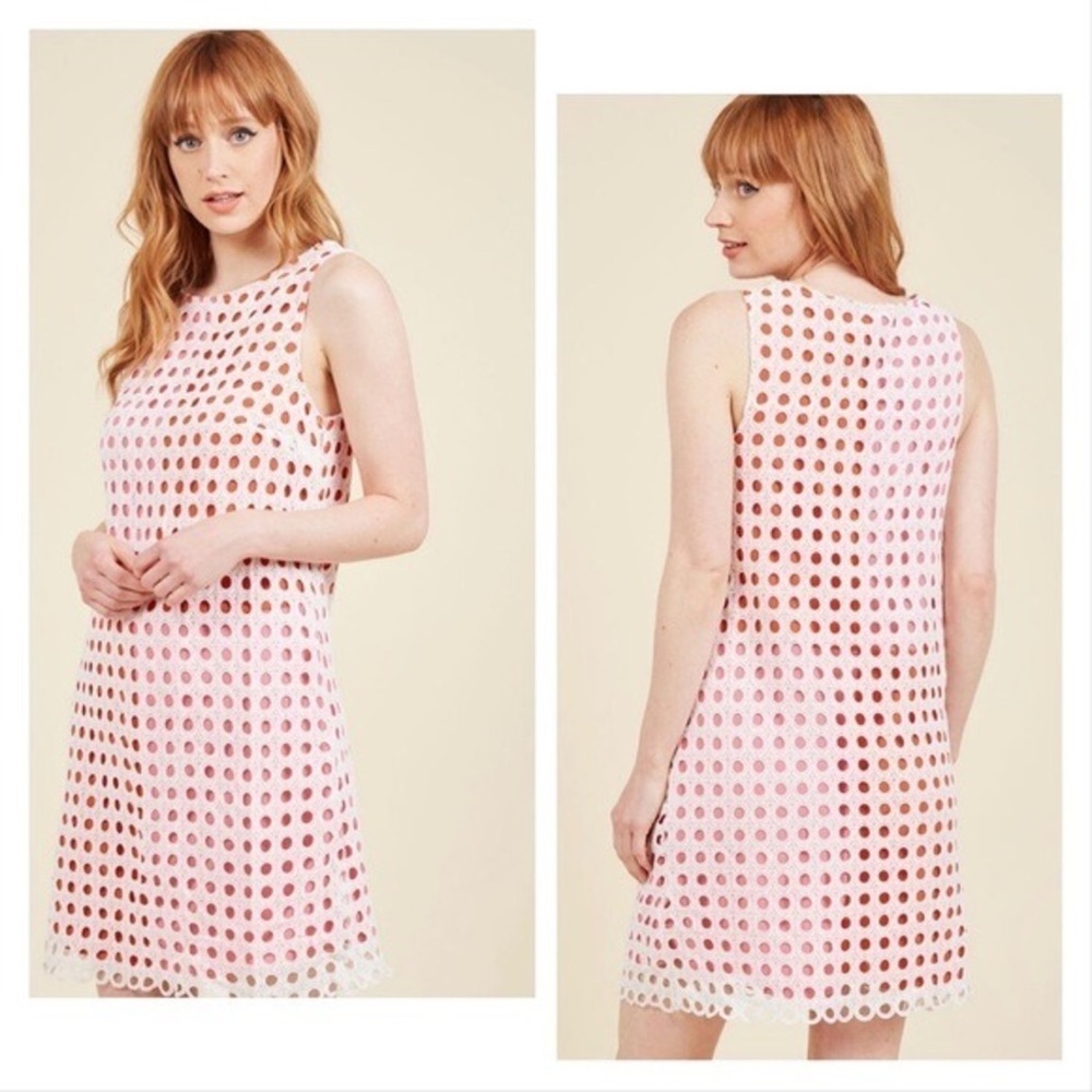 ModCloth - Fluent In Finesse Red & Pink White Eyelet Overlay Shift Dress Size XS